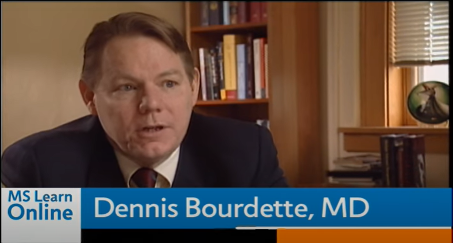 A screenshot of a middle-aged man in a suit and tie with the caption, “Dennis Bourdette, MD.”